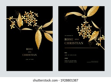 Floral wedding invitation card template design, golden Osmanthus fragrans flowers with leaves on black