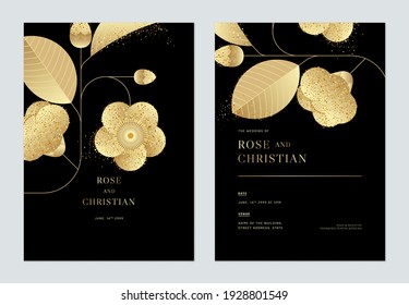 Floral wedding invitation card template design, golden camellia flowers with leaves on black