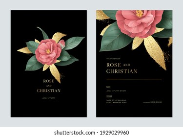 Floral wedding invitation card template design, red semi-double Camellia with green and golden leaves on black