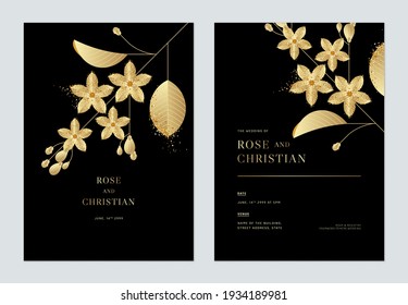 Floral wedding invitation card template design, golden Murraya paniculata flowers with leaves on black