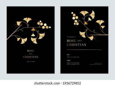 Floral wedding invitation card template design, golden ginko leaves with leaves on black