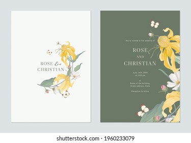 Floral wedding invitation card template design, Cutleaf coneflower with cosmos flowers and leaves on green