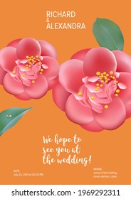 Floral wedding invitation card template design, Camellia flowers with leaves