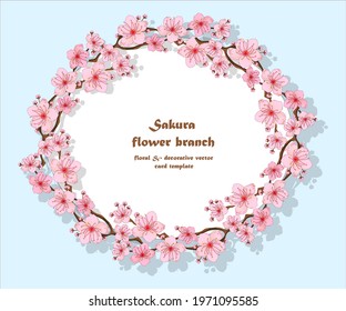 Floral wedding invitation card template design, wreath of pink sakura flowers on sky blue background. Vintage style. EPS 10