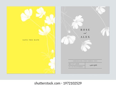 Floral wedding invitation card template design, monochrome cosmos flowers with leaves on yellow and grey, two tones color