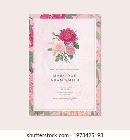 Floral wedding invitation card template design. Hand drawn detailed flowers bouquet on white background