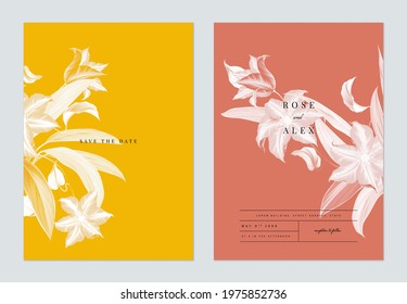 Floral wedding invitation card template design, monochrome Clematis flowers with leaves on yellow and red, two tones color