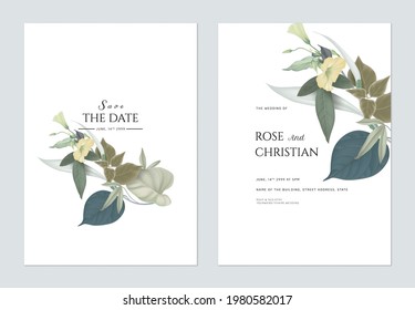 Floral Wedding Invitation Card Template Design, Fancy Flowers And Leaves On White