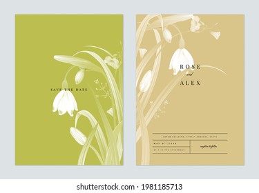 Floral wedding invitation card template design, monochrome flowers with leaves on green and brown two tones color