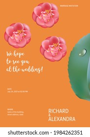 Floral wedding invitation card template design, Camellia flowers with leaves
