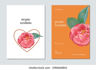 Floral wedding invitation card template design, Camellia flowers with leaves