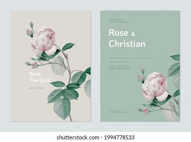 Floral wedding invitation card template design, vintage pink rose with leaves on brown and green