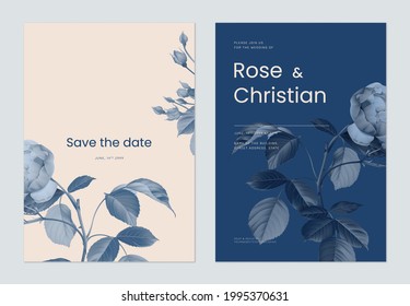 Floral wedding invitation card template design, blue roses and leaves on brown and dark blue