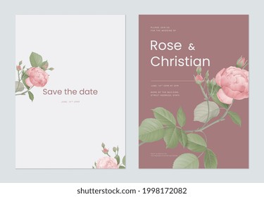 Floral wedding invitation card template design, pink rose with leaves