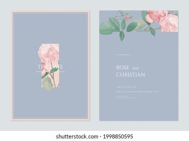 Floral wedding invitation card template design, pink rose with leaves on blue