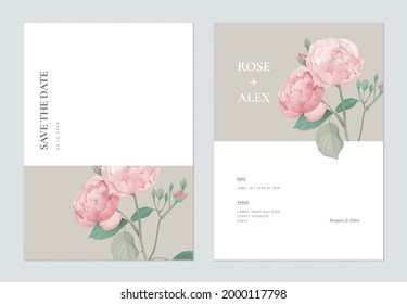 Floral wedding invitation card template design, pink rose with leaves
