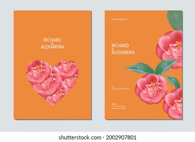 Floral wedding invitation card template design, Camellia flowers with leaves