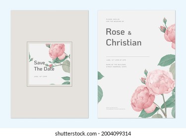 Floral wedding invitation card template design, pink rose with leaves on brown