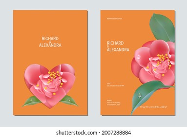 Floral wedding invitation card template design, Camellia flowers with leaves