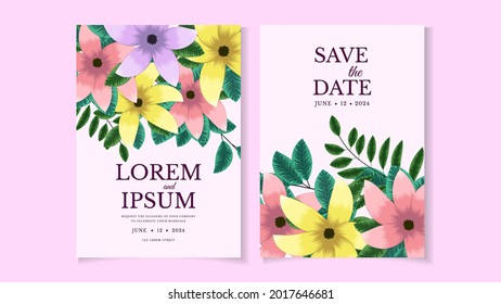 Floral Wedding invitation card template set with flower frame and border. Romantic botanic illustration for invite, greeting Save the date, RSVP and thank you cards, cover design