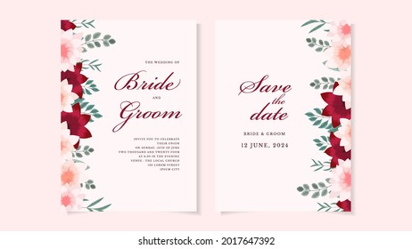 Floral Wedding invitation card template set with flower frame and border. Romantic botanic illustration for invite, greeting Save the date, RSVP and thank you cards, cover design