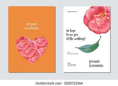 Floral wedding invitation card template design, Camellia flowers with leaves