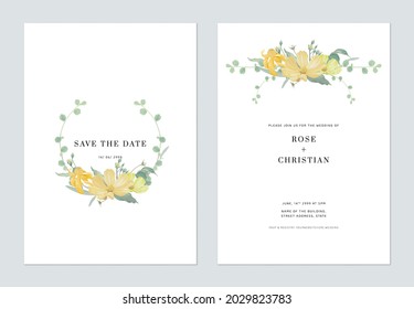 Floral wedding invitation card template design, various yellow flowers and leaves bouquet on white