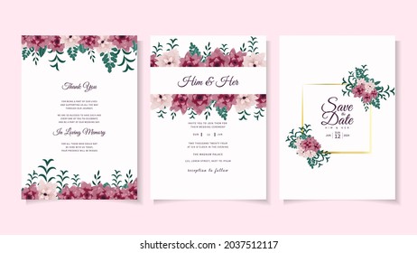 Floral Wedding invitation card template set with flower frame and border. Romantic botanic illustration for invite, greeting Save the date, RSVP and thank you cards, cover design