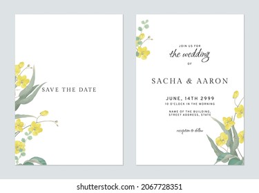 Floral wedding invitation card template golden shower flowers  and leaves on white