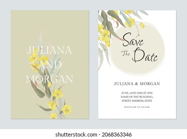 Floral wedding invitation card template golden shower flowers  and leaves on white