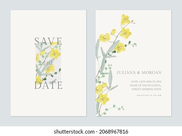 Floral wedding invitation card template golden shower flowers  and leaves on bright yellow