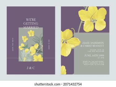 Floral wedding invitation card template, golden shower flowers  and leaves on purple