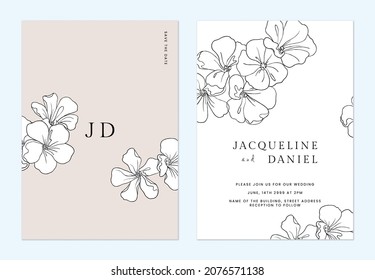 Floral wedding invitation card template, line art flowers on brown and white