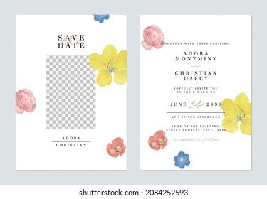 Plantilla de la tarjeta de invitación a la boda floral, varias flores en blanco