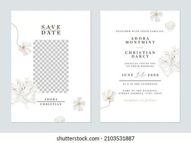 Floral wedding invitation card template, various white flowers on white