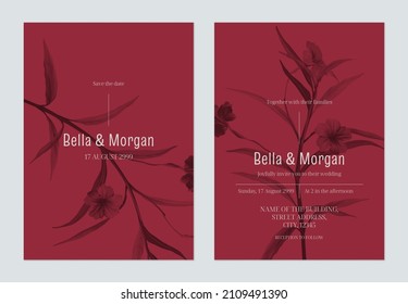 Floral wedding invitation card template, monochrome ruellia tuberosa flowers and leaves on red