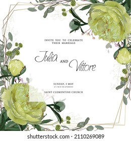 Floral wedding invitation card template design, yellow peony flowers  with herbs on white, coral orange vintage theme.