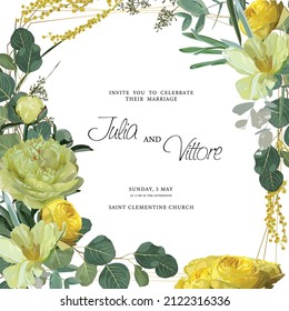 Floral wedding invitation card template design with yellow flowers, tulips and peony flowers on white, spring vintage theme.