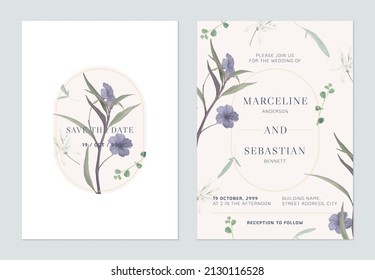 Floral wedding invitation card template design, Ruellia tuberosa flowers and leaves on brown