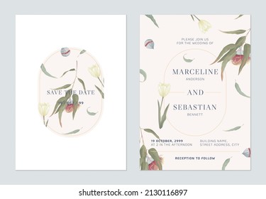 Floral wedding invitation card template design, Eucalyptus rhodantha and tulips on brown