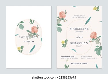 Floral wedding invitation card template design, roses and leaves on brown