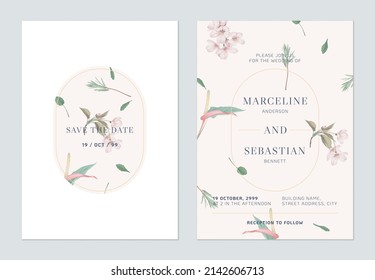 Floral wedding invitation card template design, Somei Yoshino sakura and Anthurium flowers on brown