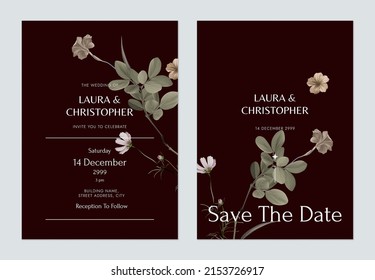 Floral wedding invitation card template design, flowers and lignum vitae leaves on dark grey