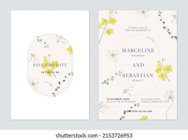 Floral wedding invitation card template design, golden shower and cosmos flowers on brown