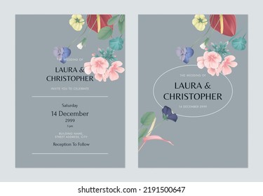 Diseño de plantillas de tarjetas de invitación para bodas florales, flores y hojas diversas en azul