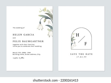 Floral wedding invitation card template design, snowdrop flowers on white