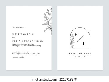 Floral wedding invitation card template design, line art leaves on white