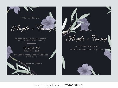 Floral wedding invitation card template design, ruellia tuberosa
 flowers and leaves on black