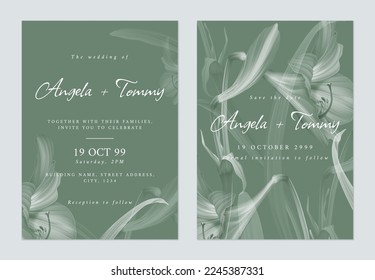 Floral wedding invitation card template design, Amaryllis
 flowers and leaves on green
