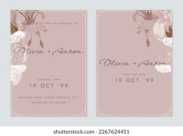 Floral wedding invitation card template design, fuchsia icy pink flowers on red